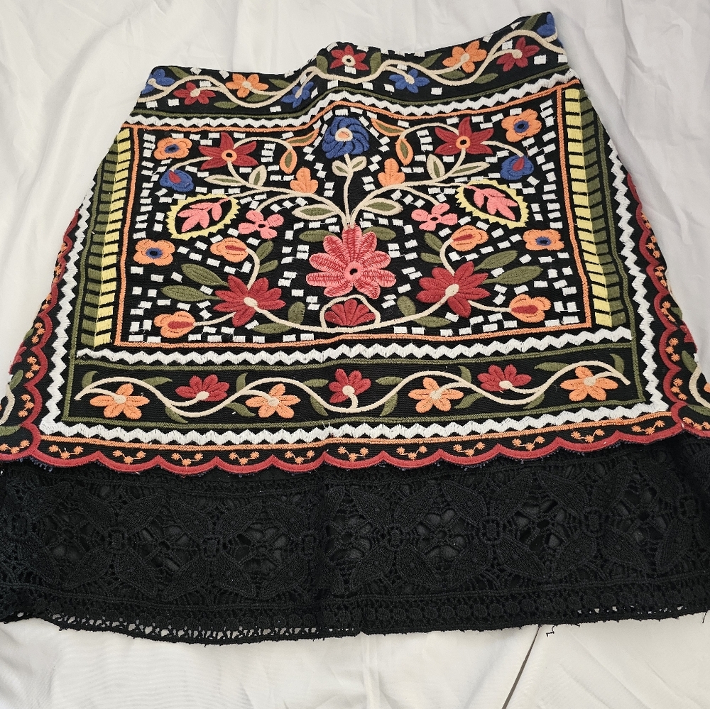 Embroidered Floral Skirt - Black and Multicolor